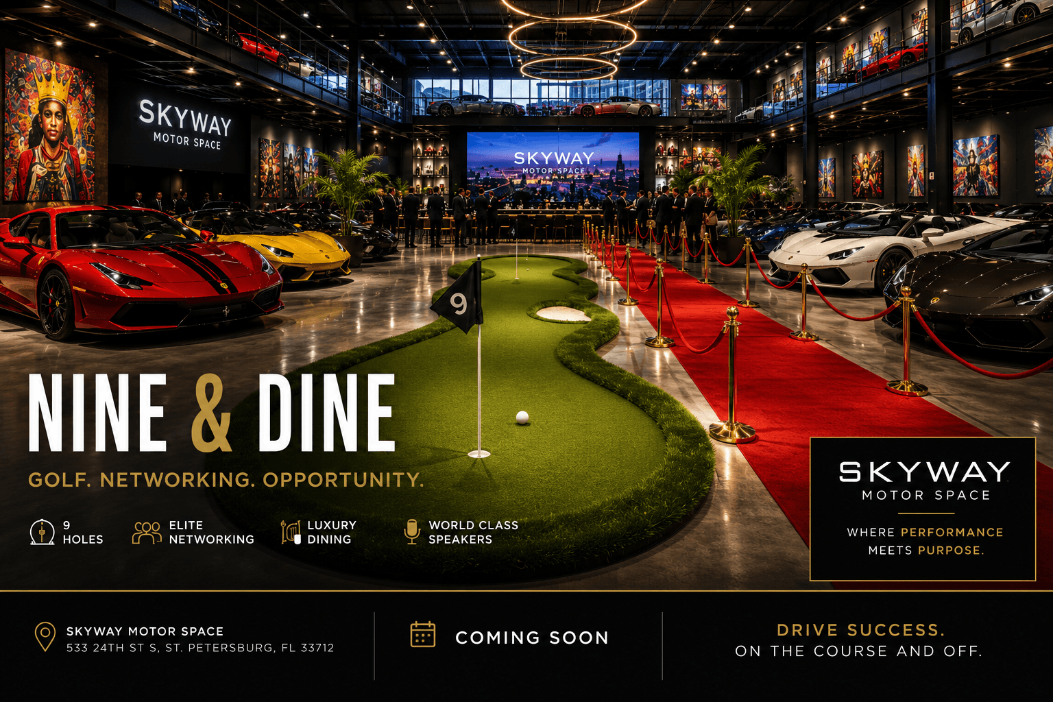 Nine & Dine — golf, exotic cars and fine dining at Skyway Motor Space